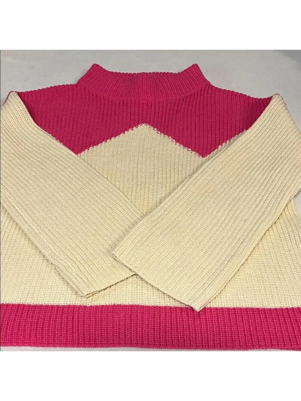 The Reeds x J.Crew Mock Neck Colorblock Sweater XXS Pink Cream Rib Knit